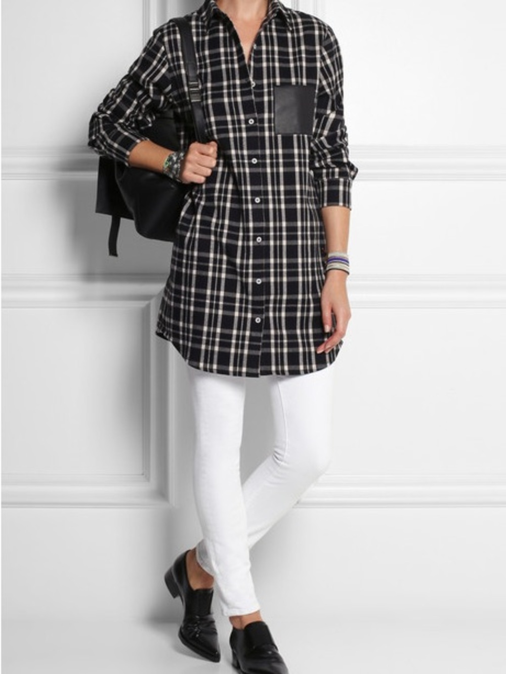 Maje Grunge Leather Plaid Flannel Shirt